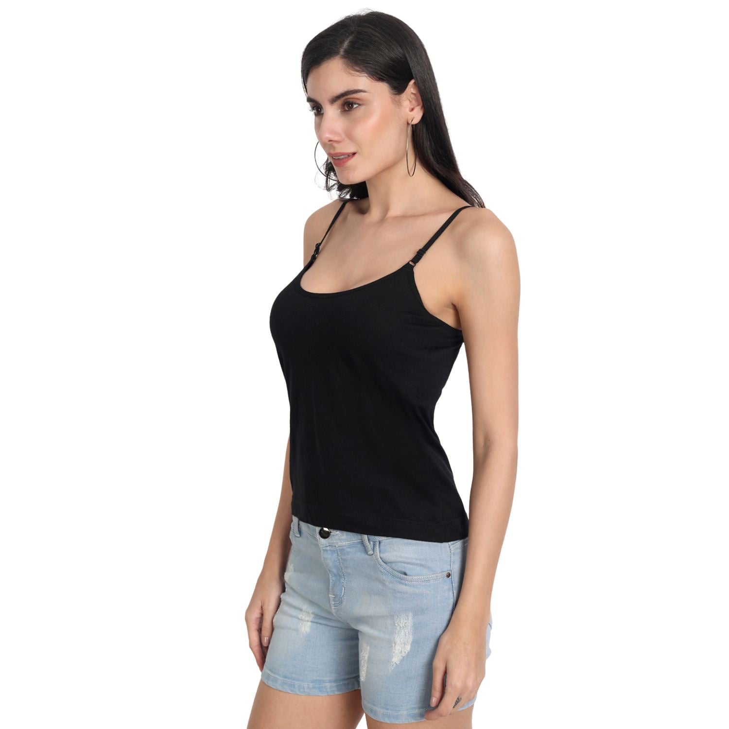 Aimly Women's Cotton Sleeveless Adjustable Strap Spaghetti BLACK_BGE - Pack of 2