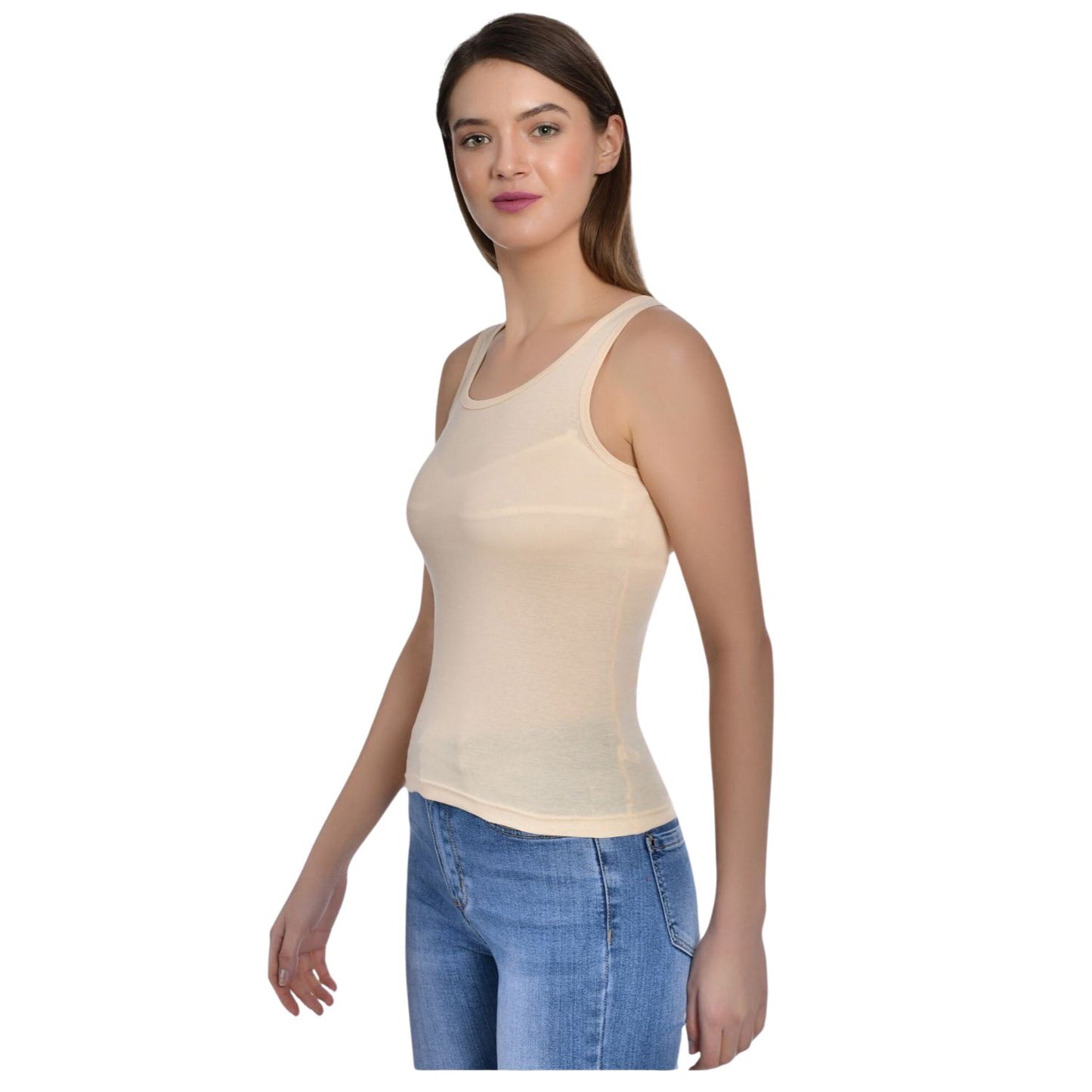 Women's Regular Fit Wide Strap Sleeveless Cotton Camisole Slip Spaghetti beige and white Combo pack of 2