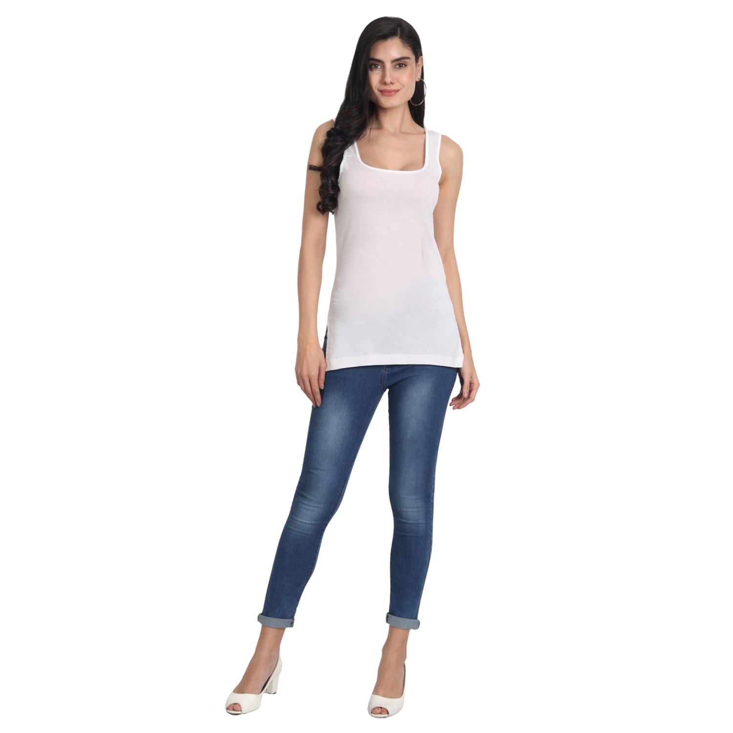 Women's Regular Fit Wide Strap Sleeveless Cotton Camisole Slip Spaghetti 3 WHITE Combo pack of 3