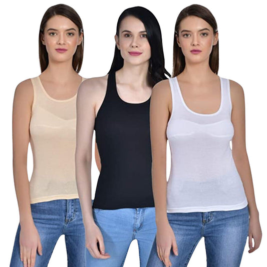 Women's Regular Fit Wide Strap Sleeveless Cotton Camisole Slip Spaghetti Beige_Black_White Combo pack of 3