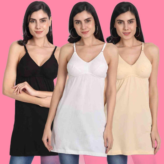 Women's Cotton Sleeveless Adjustable Strap Long Bra Cum Camisole Slip Spaghetti Multicolor Combo Pack of 3 - Aimly.in