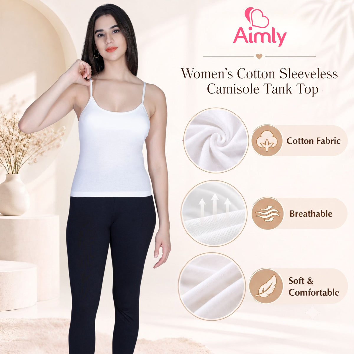 Aimly Women's Padded Short Cotton Camisole | Adjustable Spaghetti Strap Innerwear Vest | Soft Comfortable Everyday Wear Undershirt for Women | Lightweight cotton tank top | Breathable Daily Use Inner Slip Vest | Casual Solid Basic Tank Top