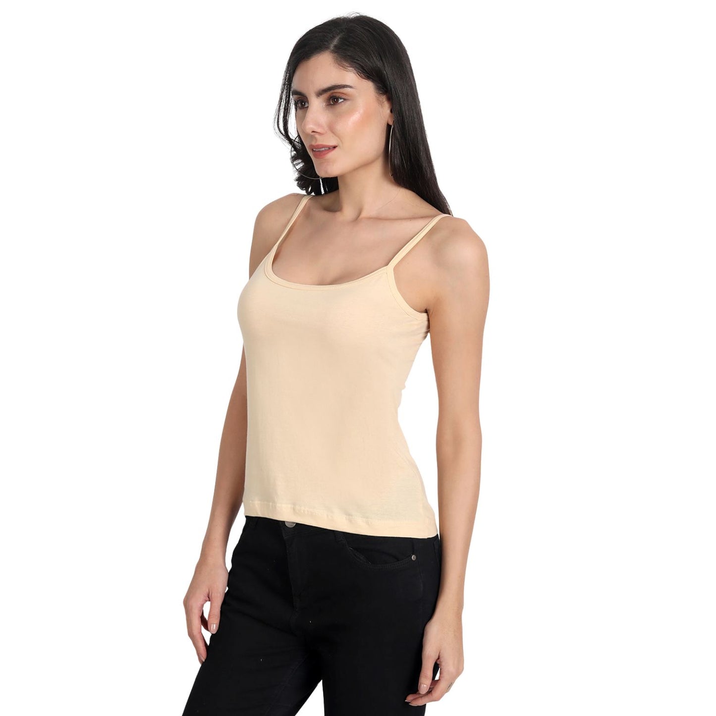 Women's Regular Fit Thin Strap Sleeveless Cotton Camisole Slip Spaghetti 2Beige_1Black Combo pack of 3
