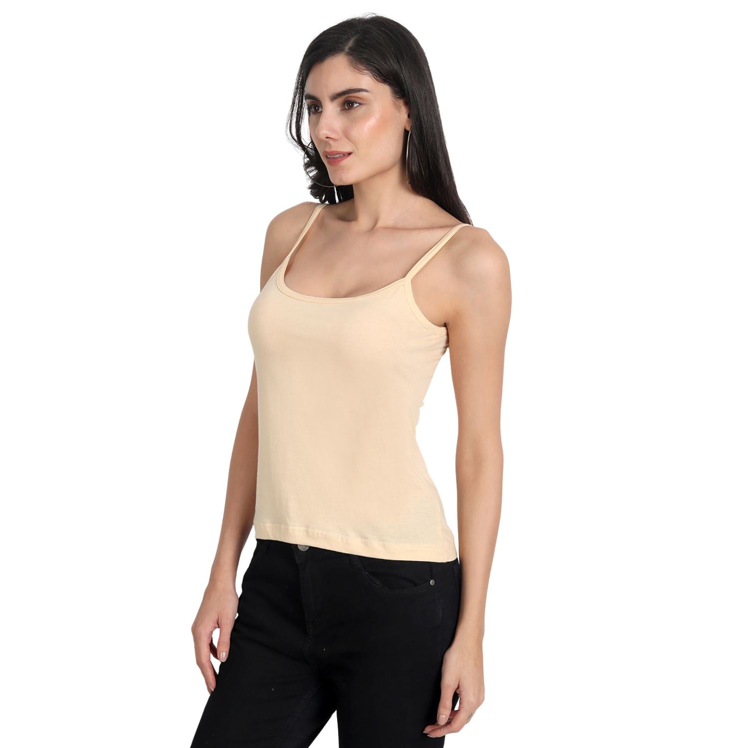 Women's Regular Fit Thin Strap Sleeveless Cotton Camisole Slip Spaghetti 2Beige_1Black Combo pack of 3