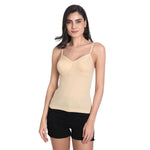 Women's Regular Fit Adjustable Strap Cotton Bra Cum Camisole Slip Spaghetti 1-Black_1-Beige Combo pack of  2