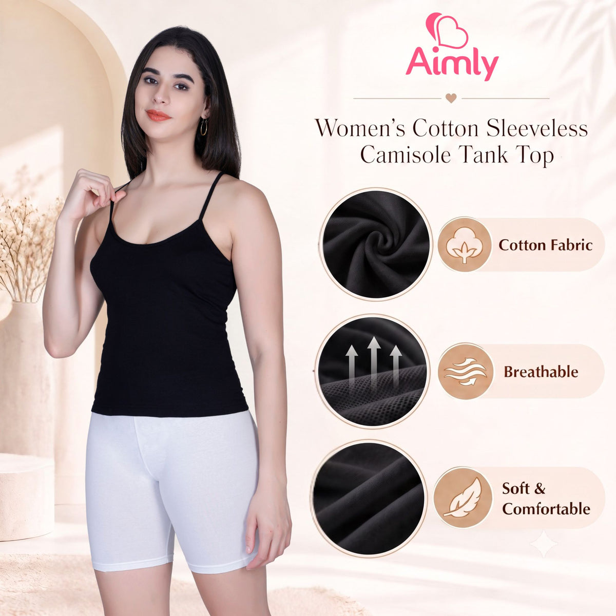 Aimly Women's Padded Short Cotton Camisole | Adjustable Spaghetti Strap Innerwear Vest | Soft Comfortable Everyday Wear Undershirt for Women | Lightweight cotton tank top | Breathable Daily Use Inner Slip Vest | Casual Solid Basic Tank Top