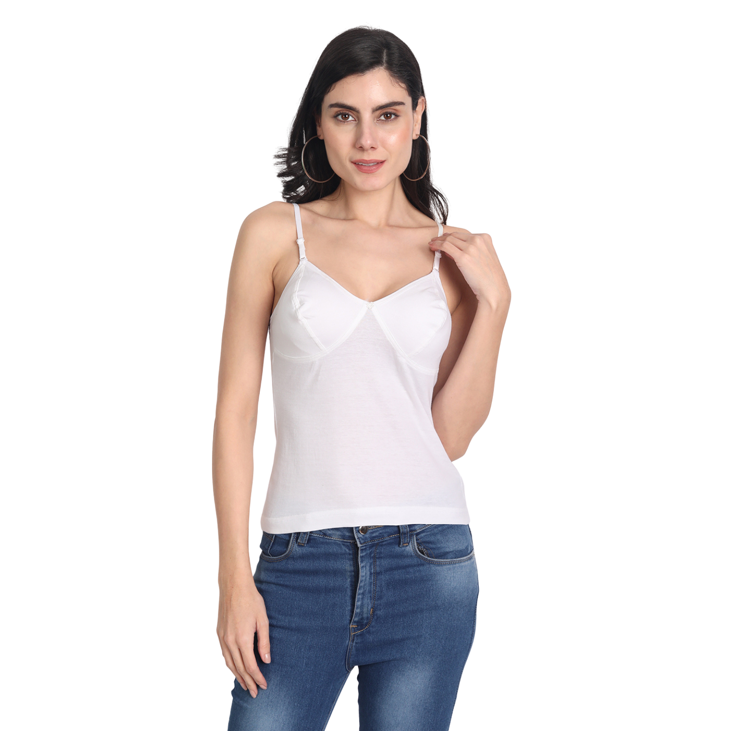 Women's Regular Fit Adjustable Strap Cotton Bra Cum Camisole Slip Spaghetti Combo pack of 2 ( 2 WHT )