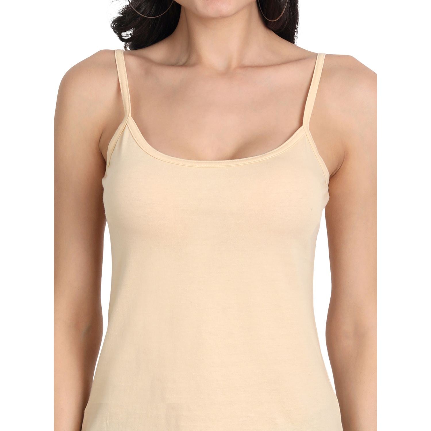 Women's Regular Fit Thin Strap Sleeveless Cotton Camisole Slip Spaghetti 3Beige Combo pack of 3
