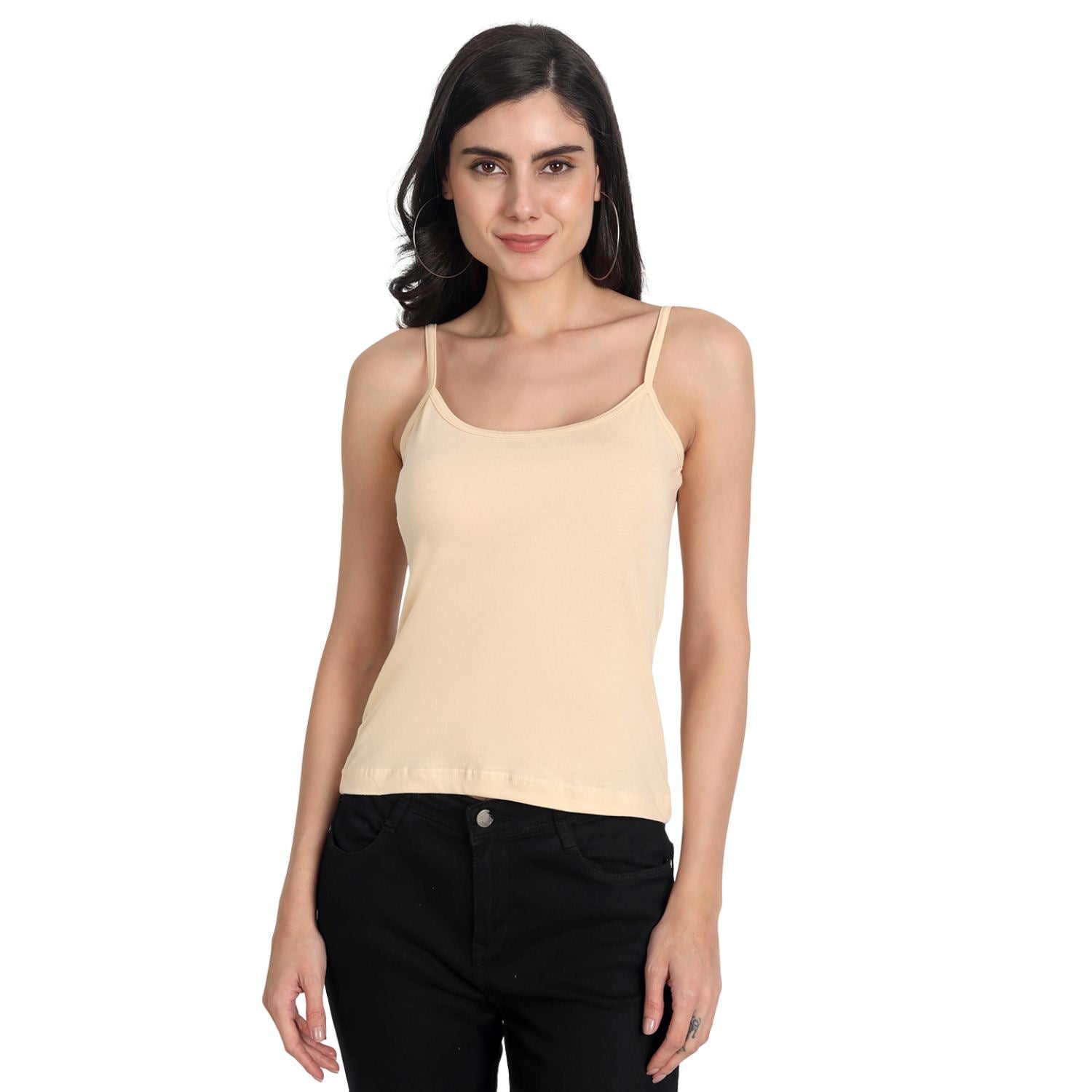 Women's Regular Fit Thin Strap Sleeveless Cotton Camisole Slip Spaghetti 3Beige Combo pack of 3