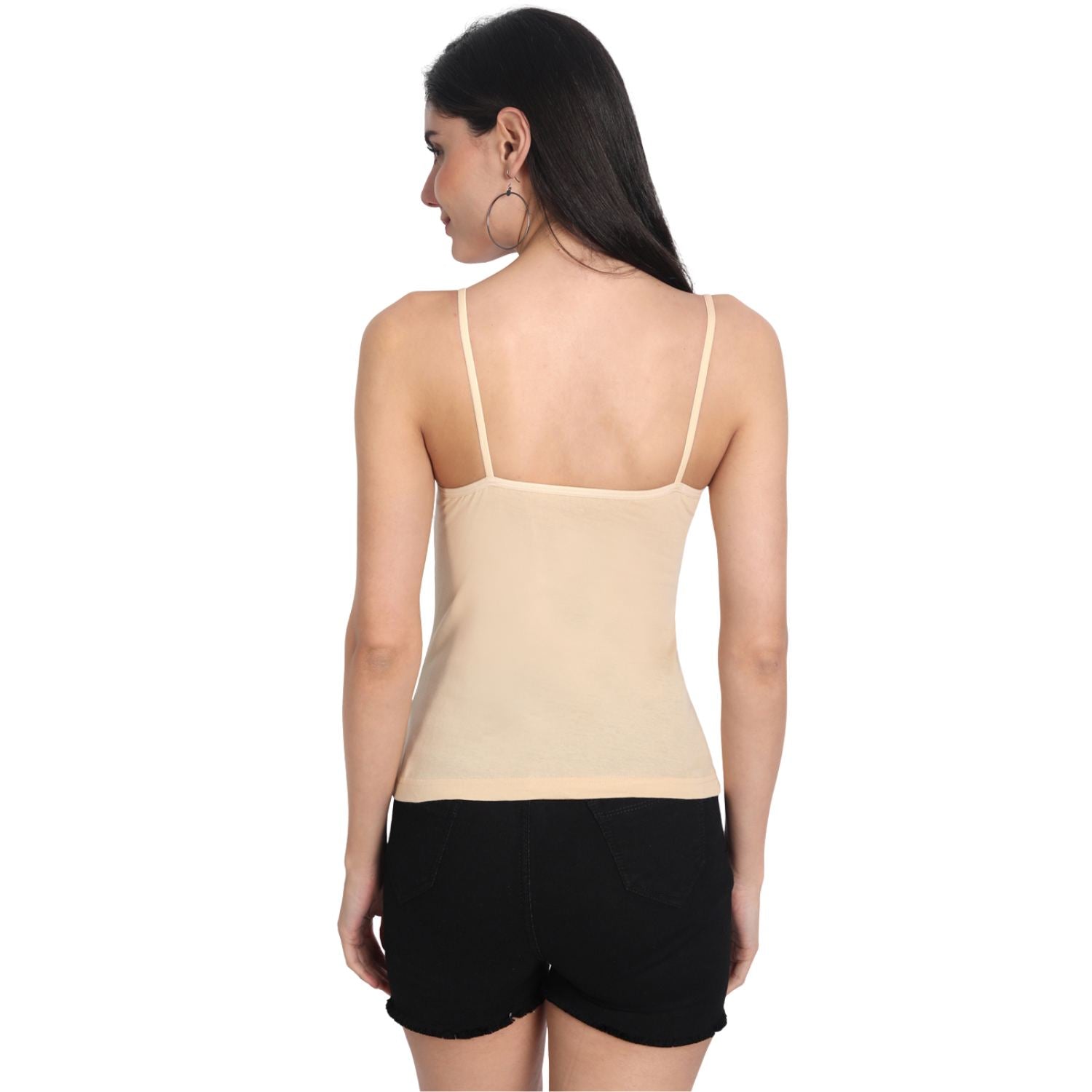 Women's Regular Fit Adjustable Strap Cotton Bra Cum Camisole Slip Spaghetti 2-Beige Combo pack of 2