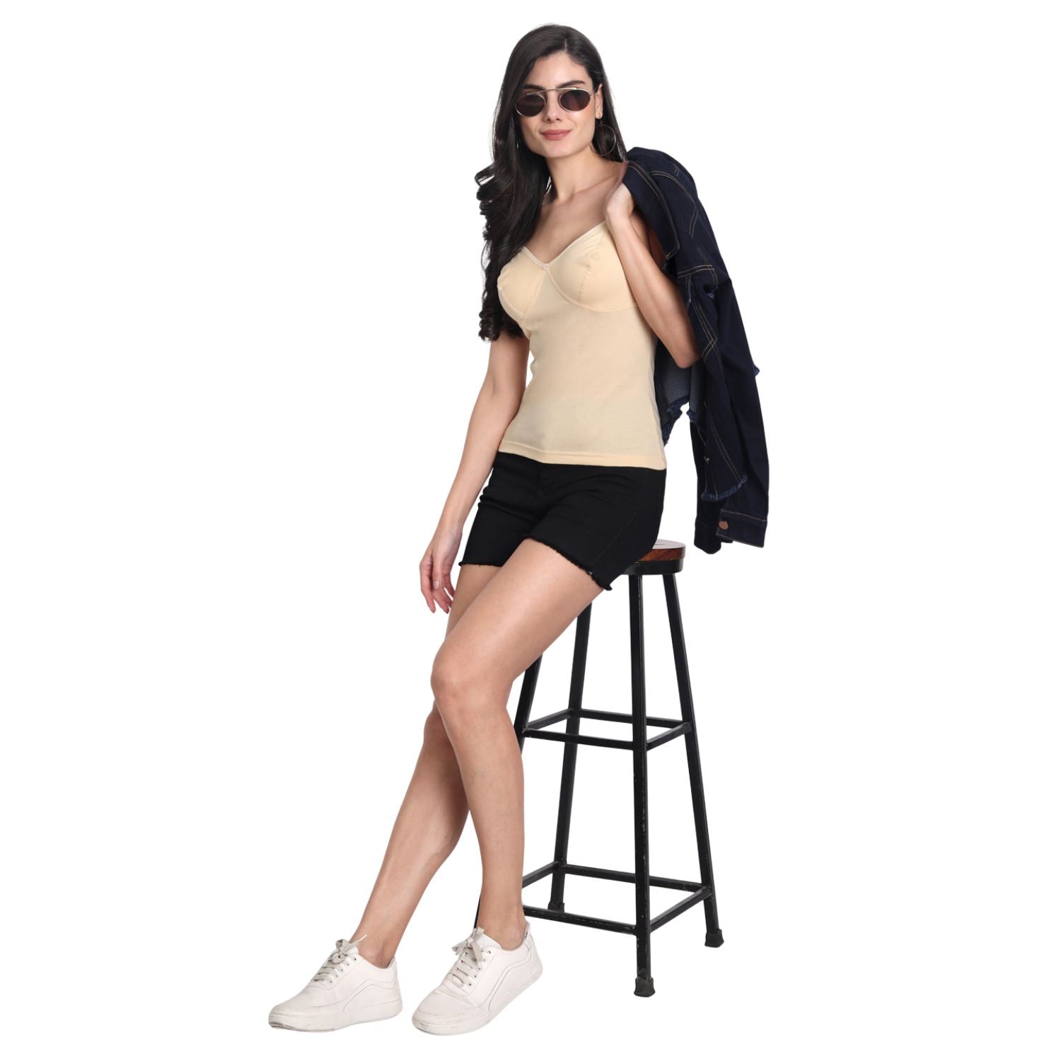 Women's Regular Fit Adjustable Strap Cotton Bra Cum Camisole Slip Spaghetti 2-Beige Combo pack of 2