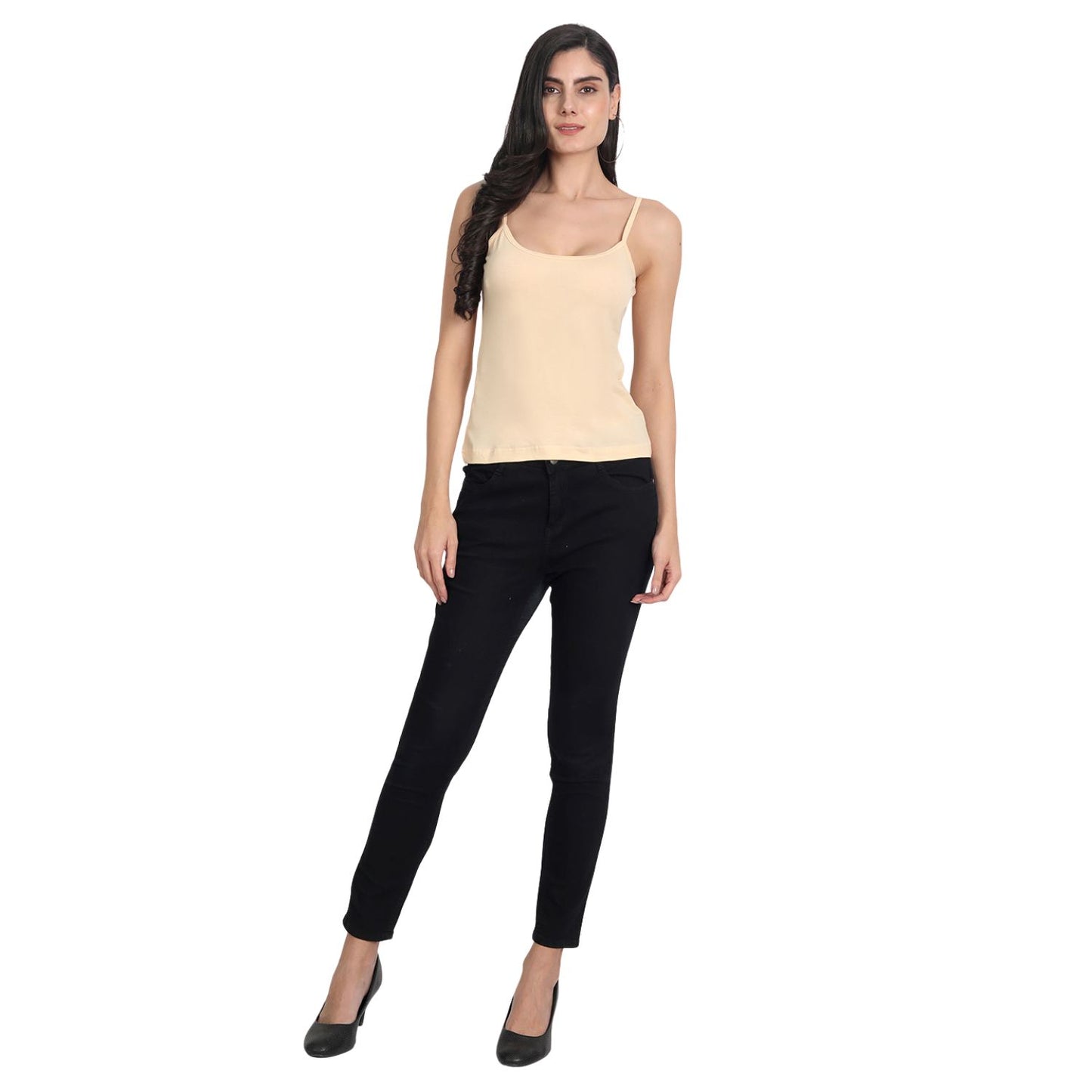 Women's Regular Fit Thin Strap Sleeveless Cotton Camisole Slip Spaghetti 3Beige Combo pack of 3