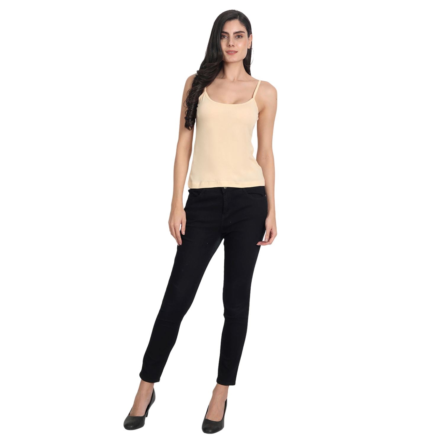 Women's Regular Fit Thin Strap Sleeveless Cotton Camisole Slip Spaghetti 3Beige Combo pack of 3