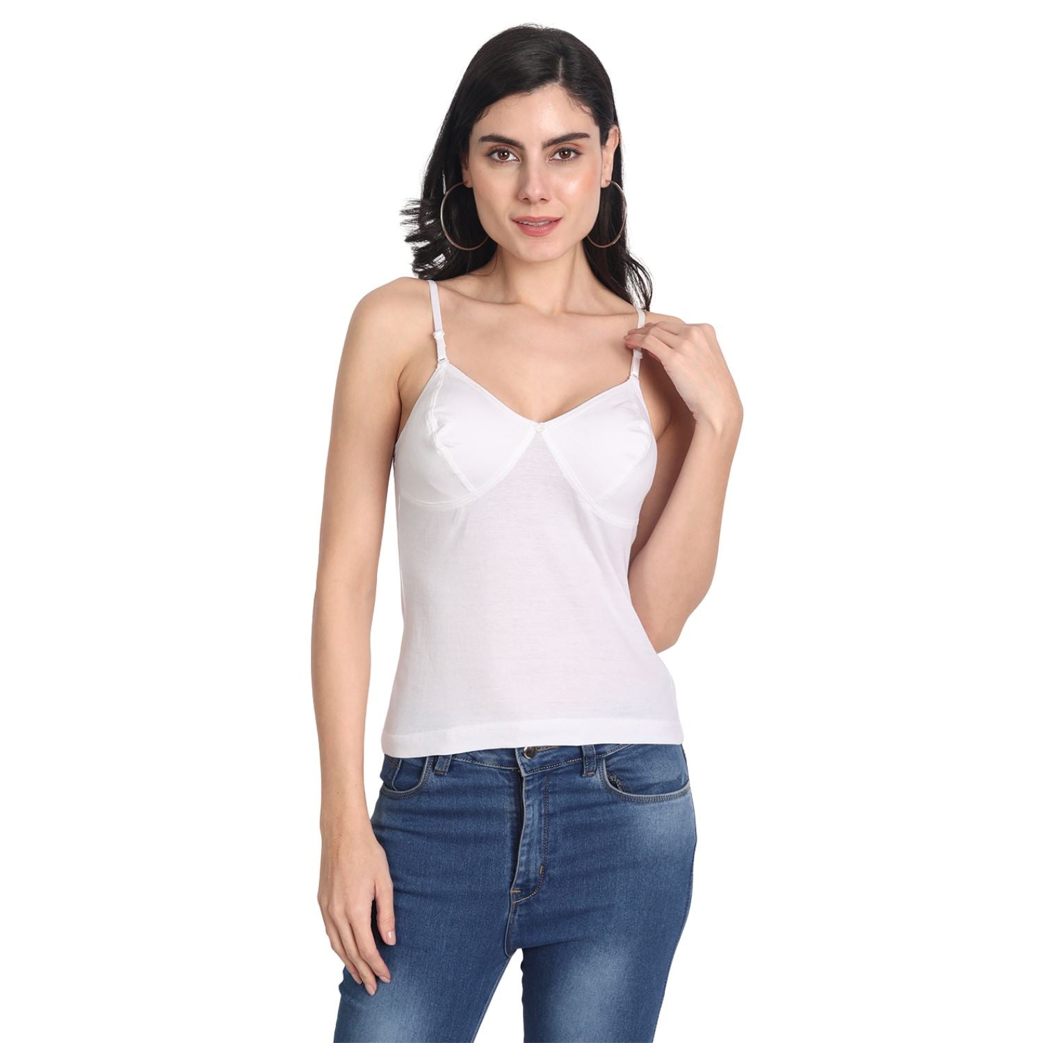 Women's Regular Fit Adjustable Strap Cotton Bra Cum Camisole Slip Spaghetti 2-White Combo pack of 2