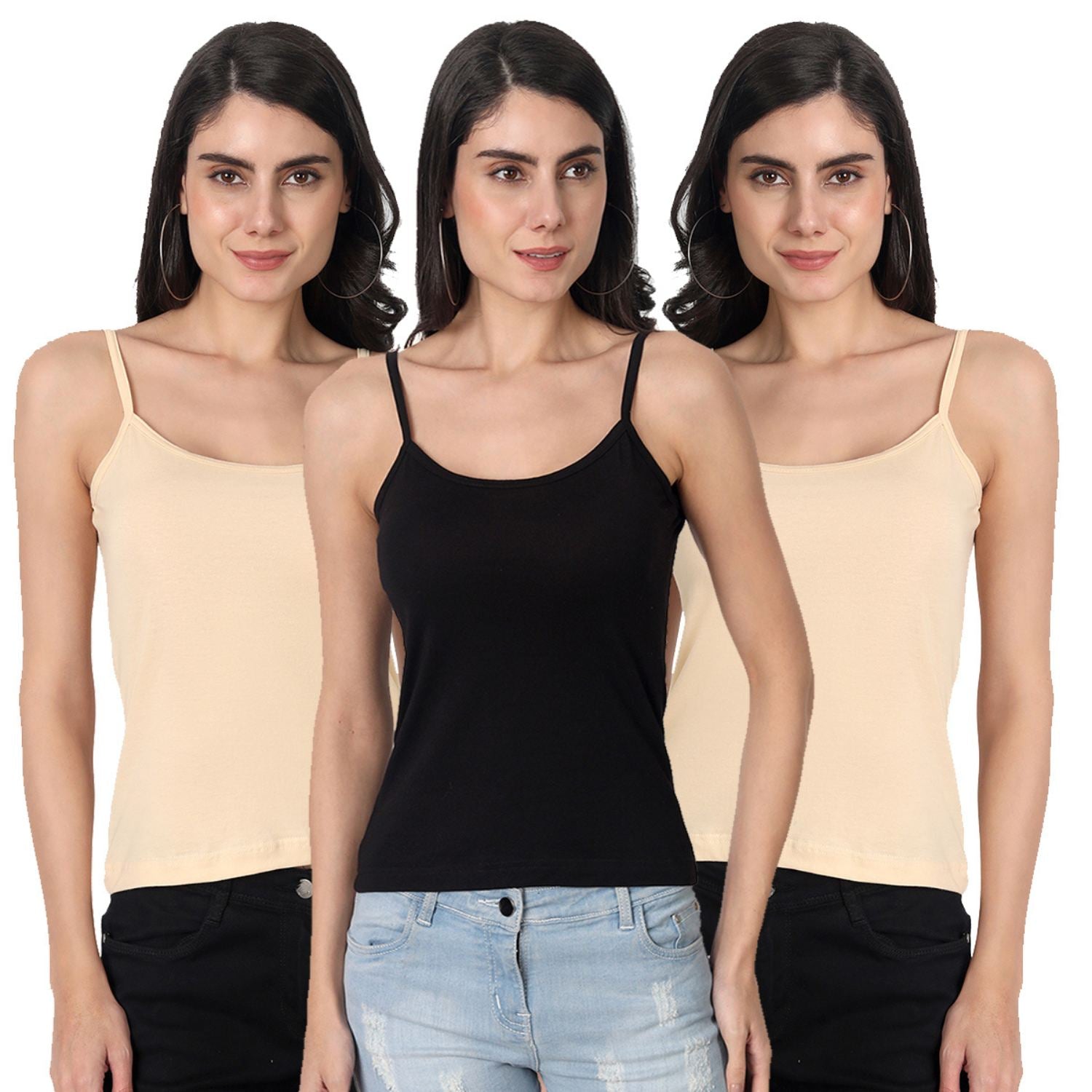 Women's Regular Fit Thin Strap Sleeveless Cotton Camisole Slip Spaghetti 2Beige_1Black Combo pack of 3