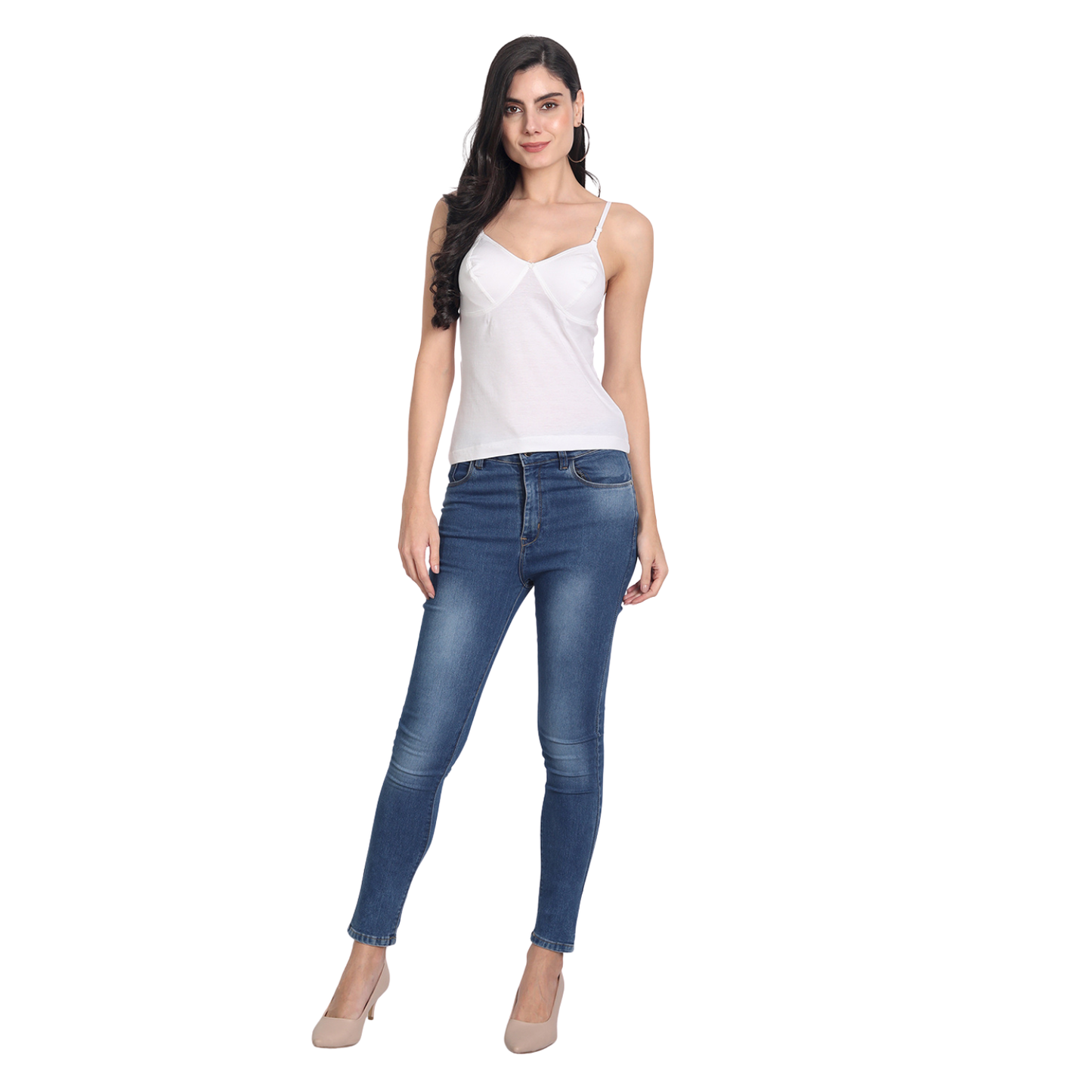 Women's Regular Fit Adjustable Strap Cotton Bra Cum Camisole Slip Spaghetti Combo pack of 2 ( 2 WHT )