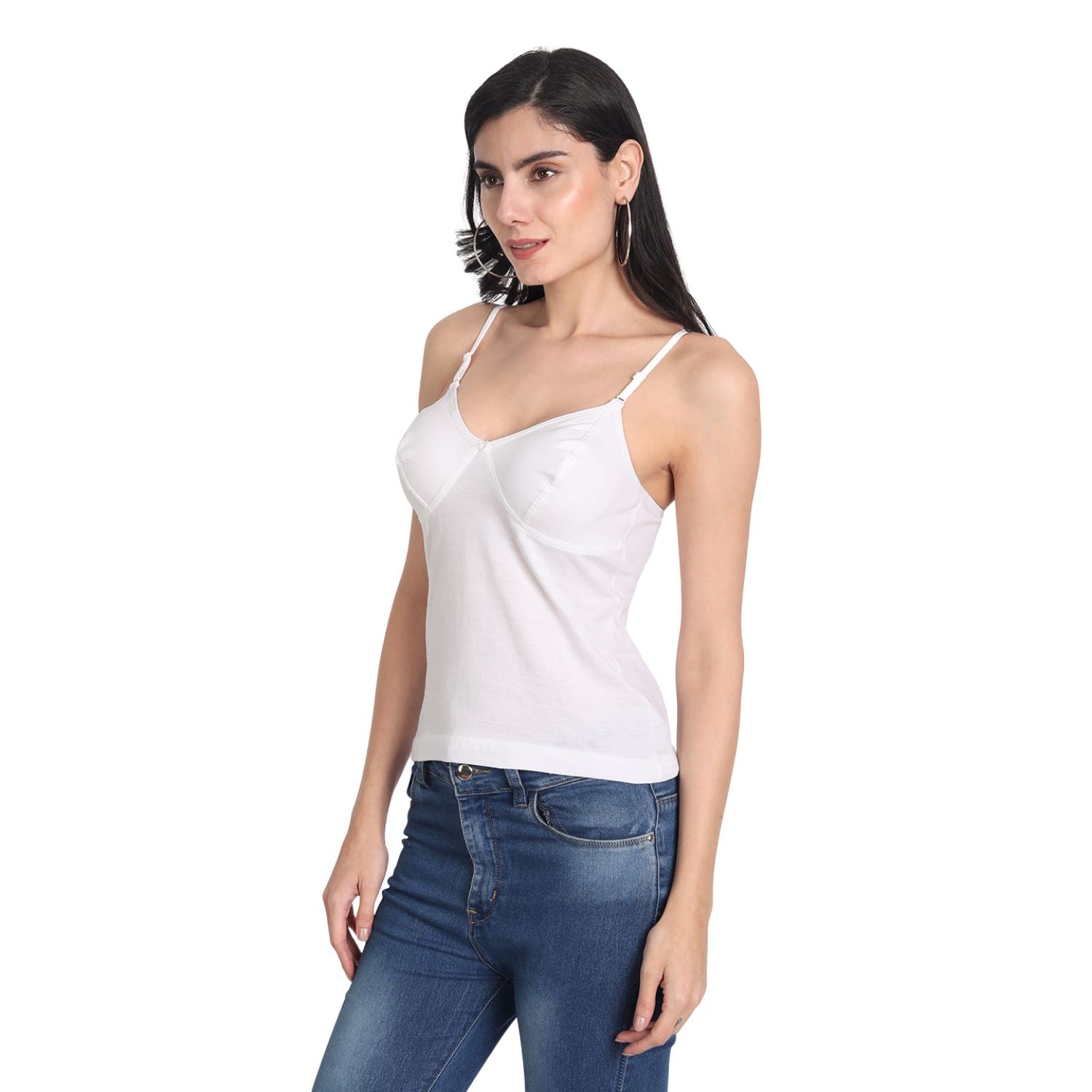 Women's Regular Fit Adjustable Strap Cotton Bra Cum Camisole Slip Spaghetti 2-White Combo pack of 2