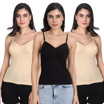 Women's Regular Fit Adjustable Strap Cotton Bra Cum Camisole Slip Spaghetti Multicolor Combo pack of 3 ( 1 Blk 2 Bge )