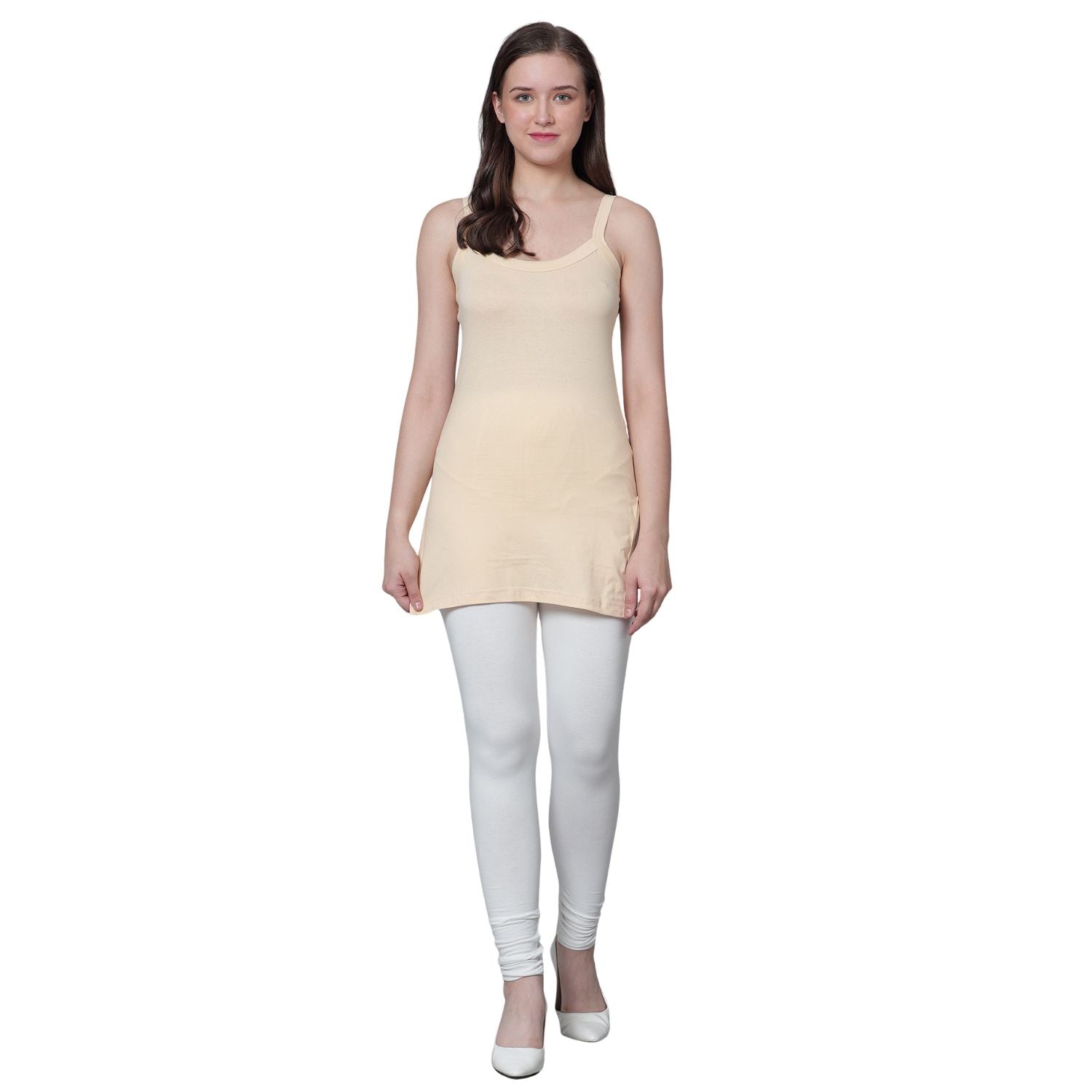 Women's Cotton Sleeveless U Neck Long Spaghetti Slips Regular Use Camisoles 2 wht 1 bge pack of 3