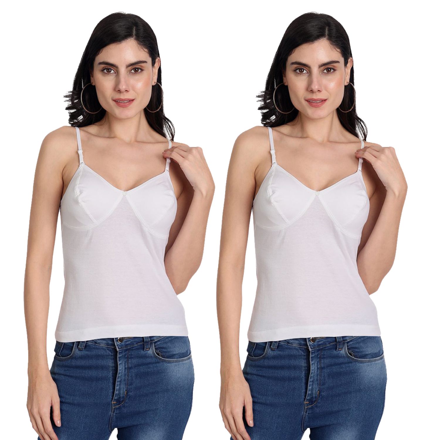 Women's Regular Fit Adjustable Strap Cotton Bra Cum Camisole Slip Spaghetti Combo pack of 2 ( 2 WHT )