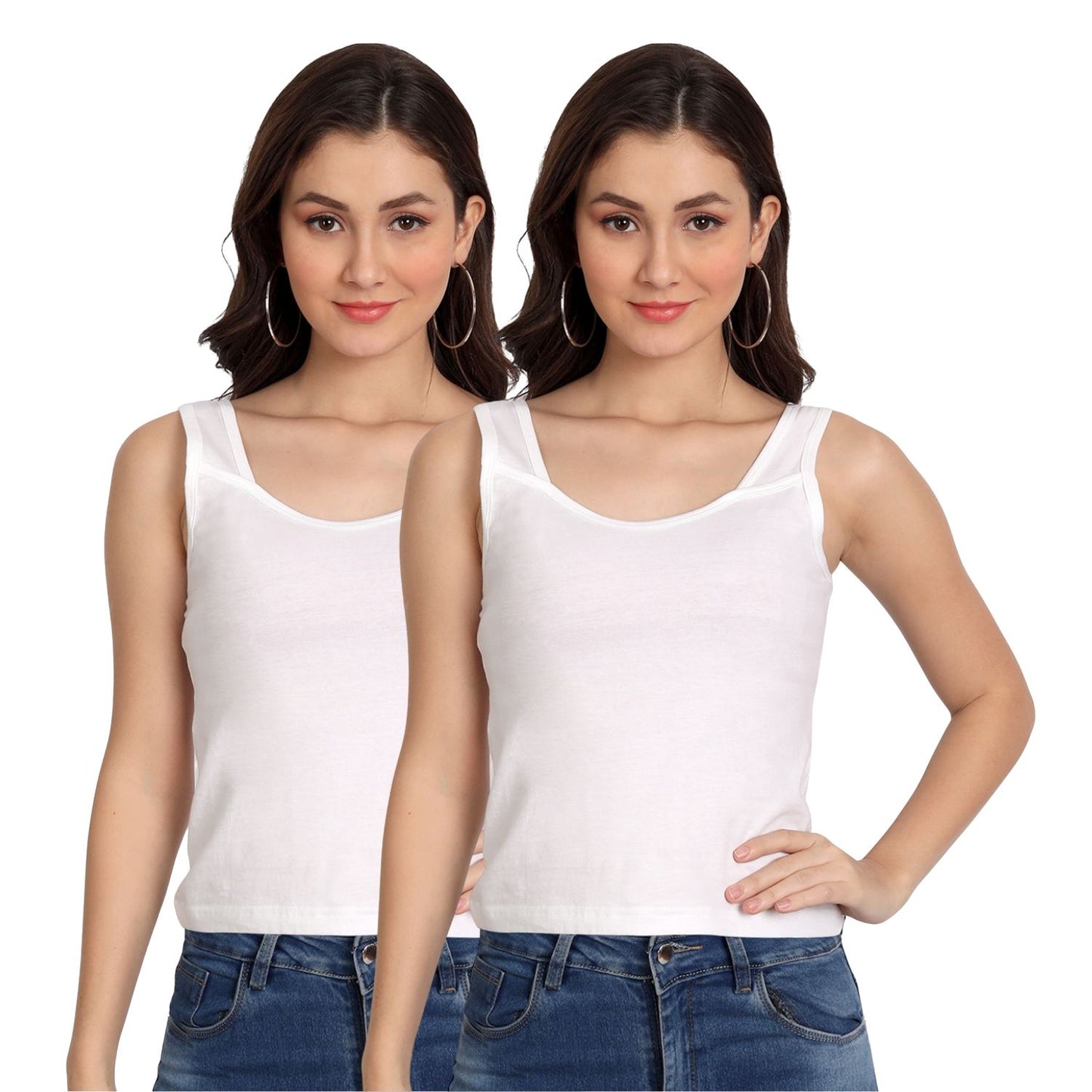 Women’s Cotton Camisole Tank Tops with Wide Shoulder Straps, Sleeveless Stretchable Innerwear for Layering & Daily Wear (2 white Combo Pack of 2)
