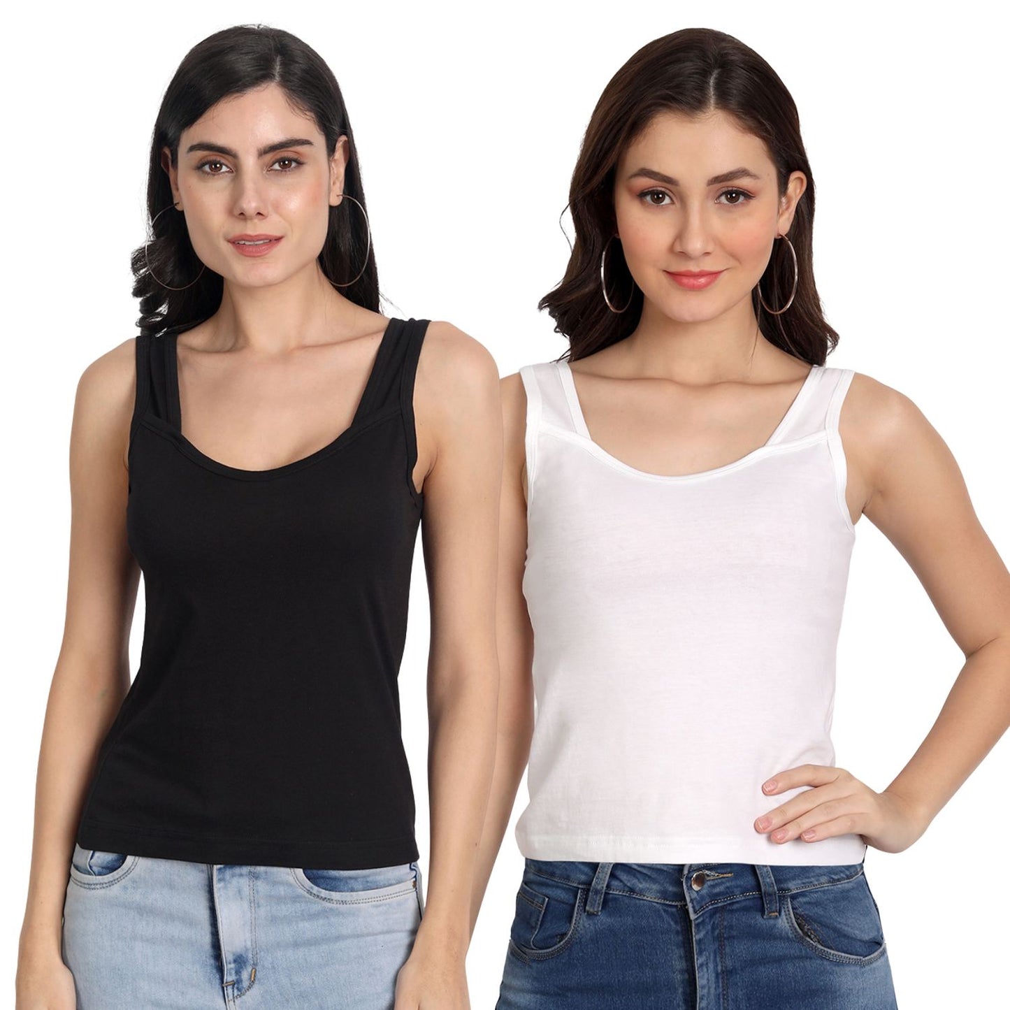 Women’s Cotton Camisole Tank Tops with Wide Shoulder Straps, Sleeveless Stretchable Innerwear for Layering & Daily Wear (Multicolor Combo Pack of 2)