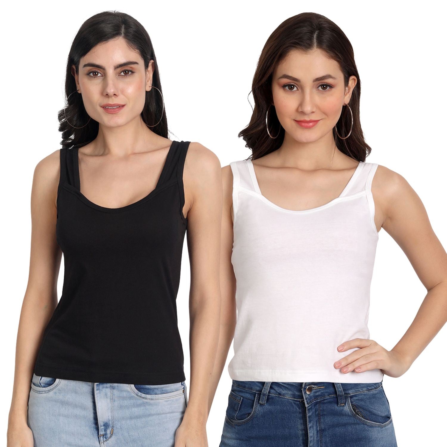 Women’s Cotton Camisole Tank Tops with Wide Shoulder Straps, Sleeveless Stretchable Innerwear for Layering & Daily Wear (Multicolor Combo Pack of 2)