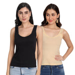 Women’s Cotton Camisole Tank Tops with Wide Shoulder Straps, Sleeveless Stretchable Innerwear for Layering & Daily Wear ( black beige Combo Pack of 2)
