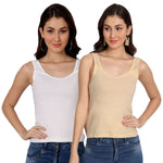 Women’s Cotton Camisole Tank Tops with Wide Shoulder Straps, Sleeveless Stretchable Innerwear for Layering & Daily Wear ( white beige Combo Pack of 2)