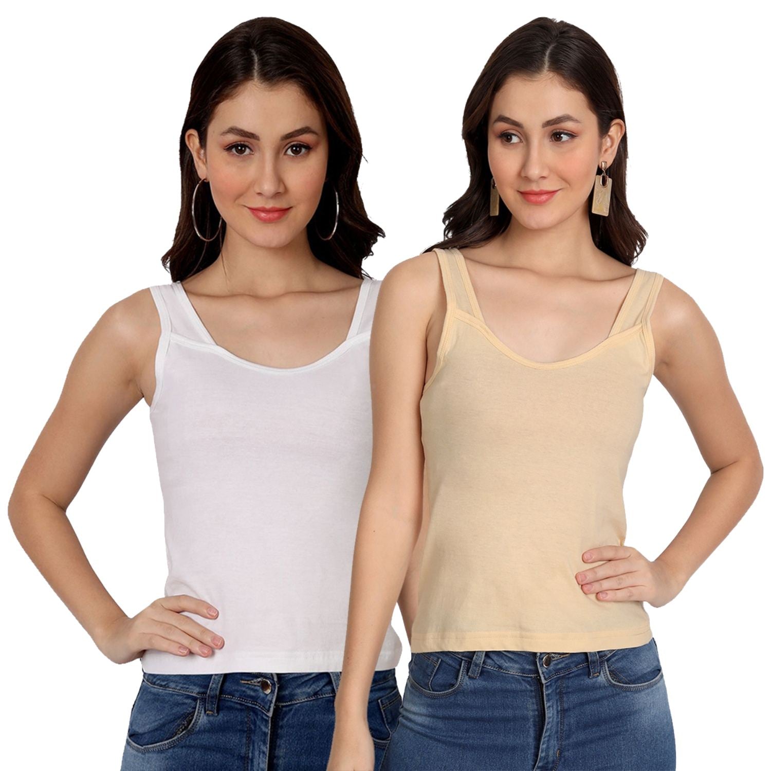 Women’s Cotton Camisole Tank Tops with Wide Shoulder Straps, Sleeveless Stretchable Innerwear for Layering & Daily Wear ( white beige Combo Pack of 2)