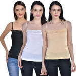 Women's Cotton Adjustable Strap Lace Spaghetti Slip Camisole Pack of 3