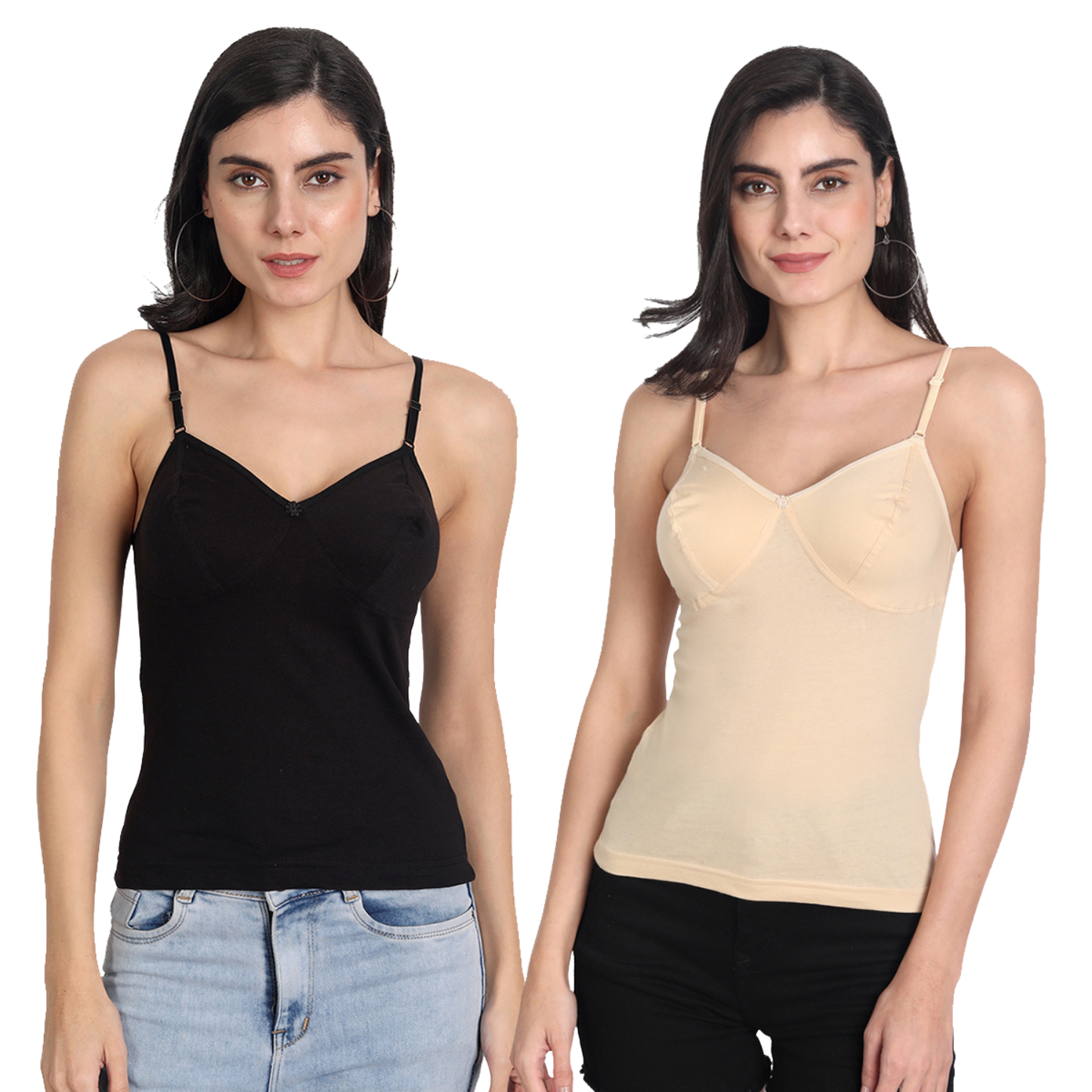 Women's Regular Fit Adjustable Strap Cotton Bra Cum Camisole Slip Spaghetti Combo pack of 2