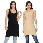 Women's Cotton Sleeveless Long Kurti Camisole Slip black_beige Spaghetti P2