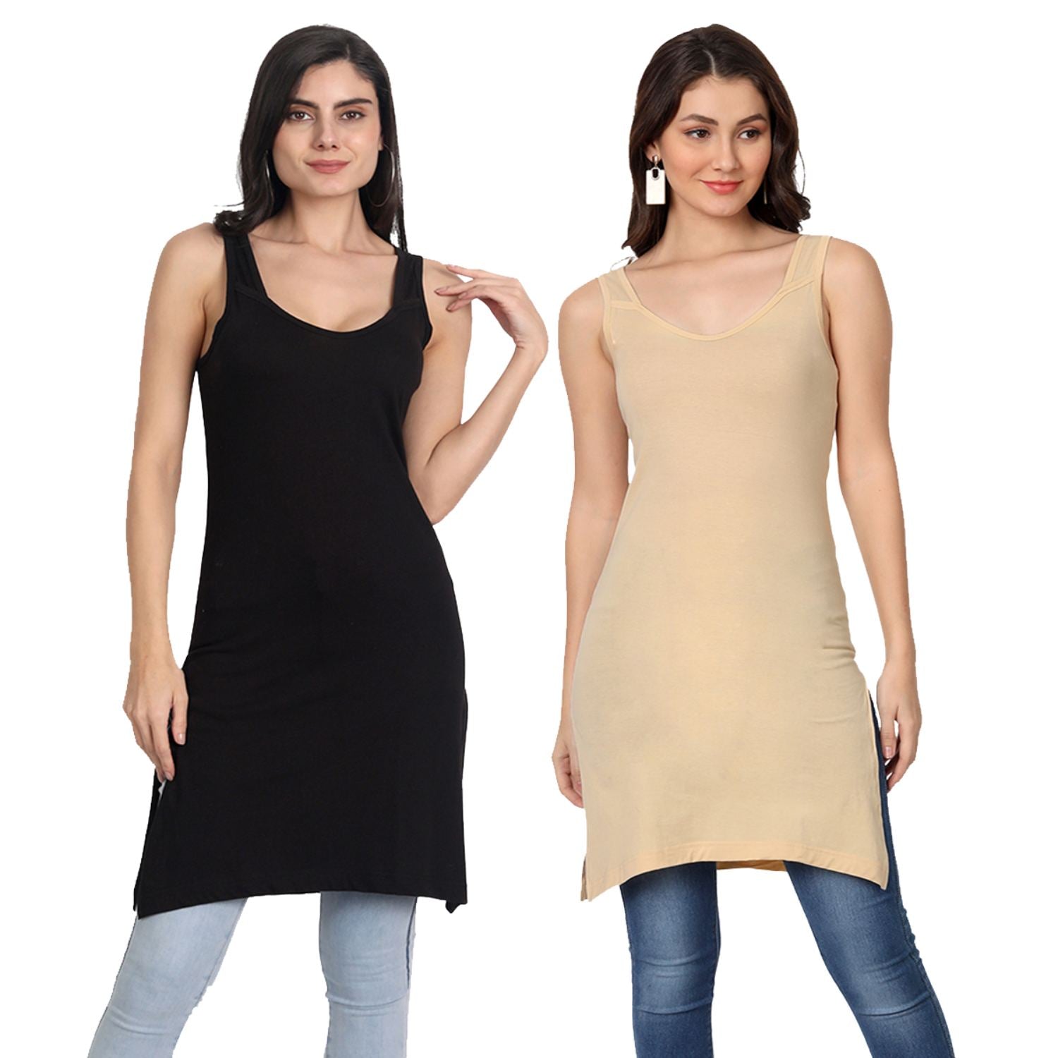 Women's Cotton Sleeveless Long Kurti Camisole Slip black_beige Spaghetti P2