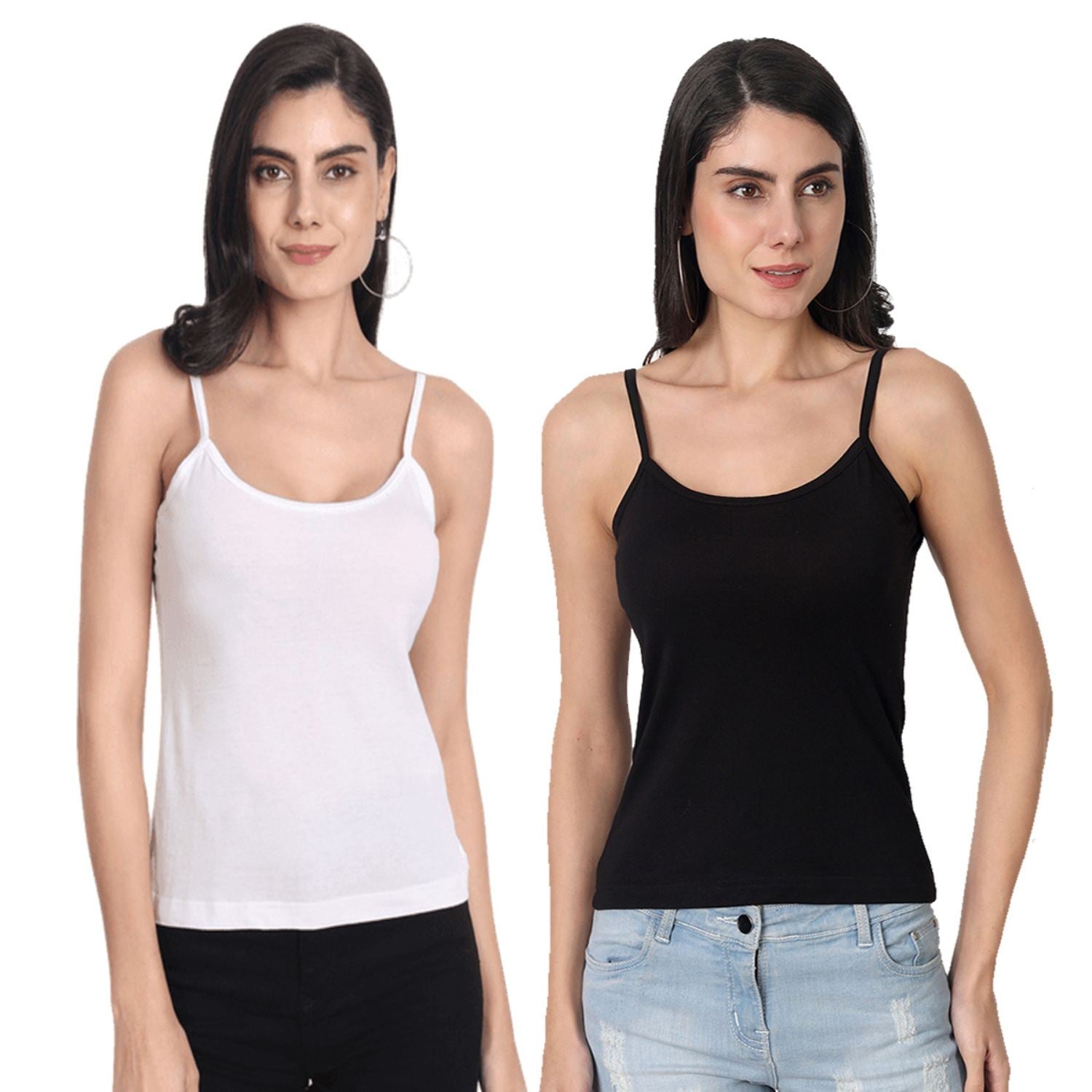 Women's Regular Fit Adjustable Strap Cotton Bra Cum Camisole Slip Spaghetti 1white1black Combo pack of 2