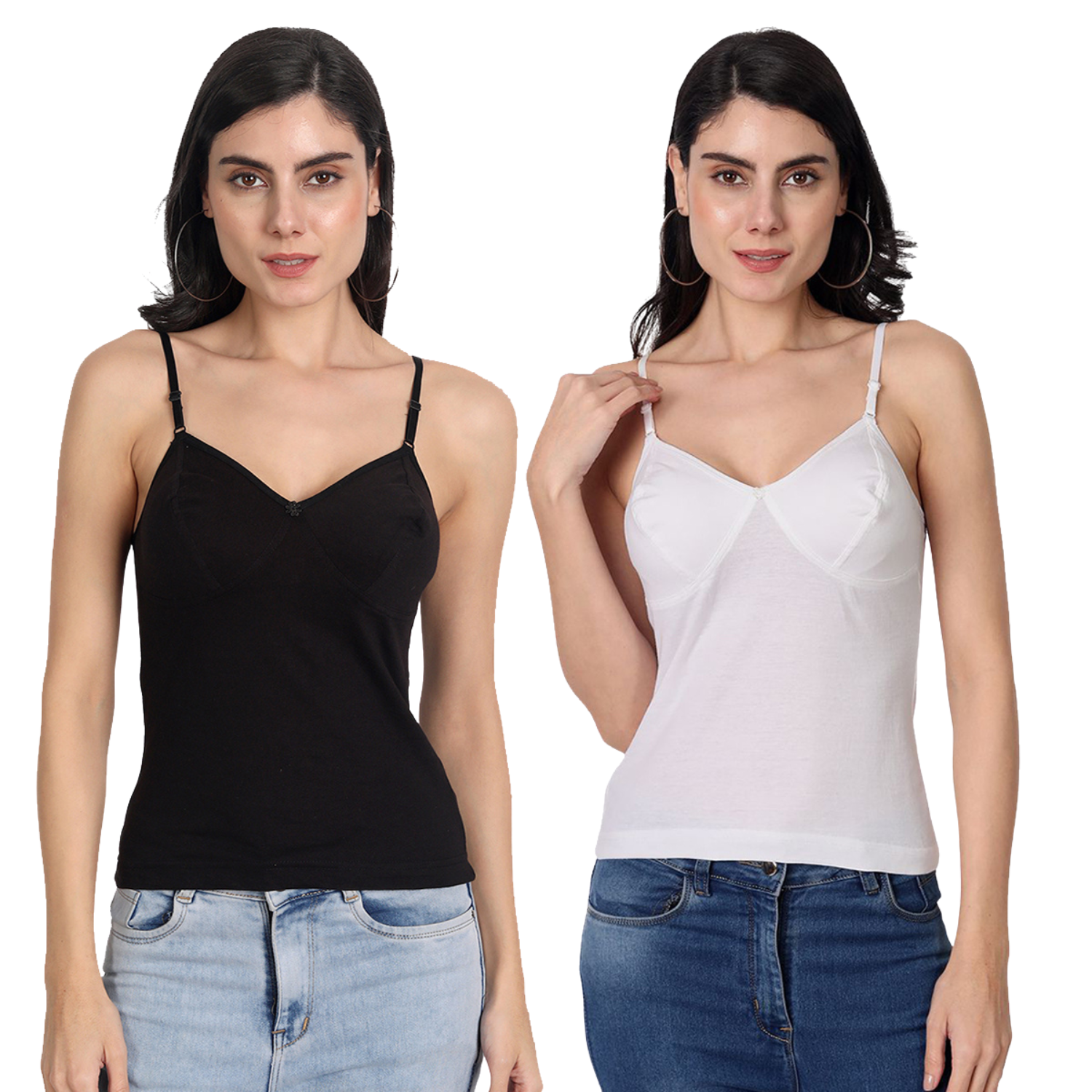 Women's Regular Fit Adjustable Strap Cotton Bra Cum Camisole Slip Spaghetti Combo pack of 2 ( 1 BLK 1 WHT )