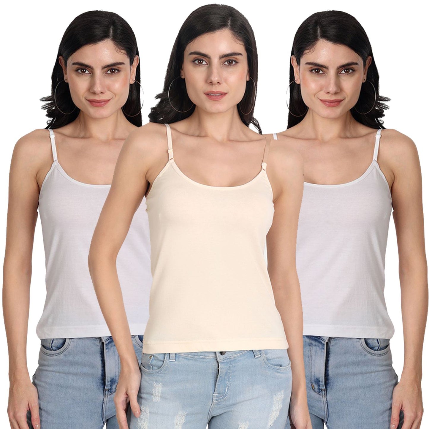 Aimly Women's Cotton Sleeveless Adjustable Strap Spaghetti 2 WHITE 1 BEIGE - Pack of 3