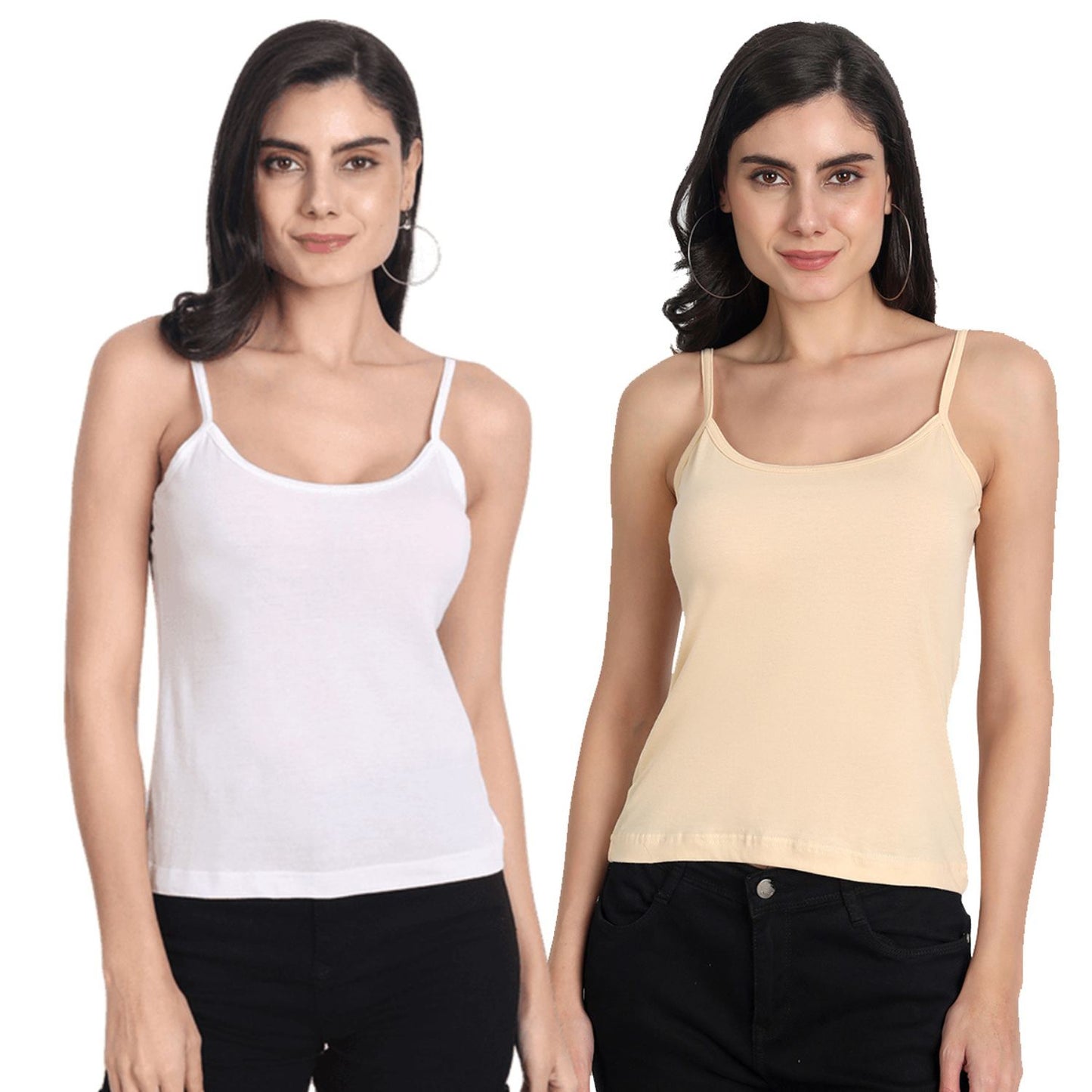 Women's Regular Fit Adjustable Strap Cotton Bra Cum Camisole Slip Spaghetti 1white1beige Combo pack of 2