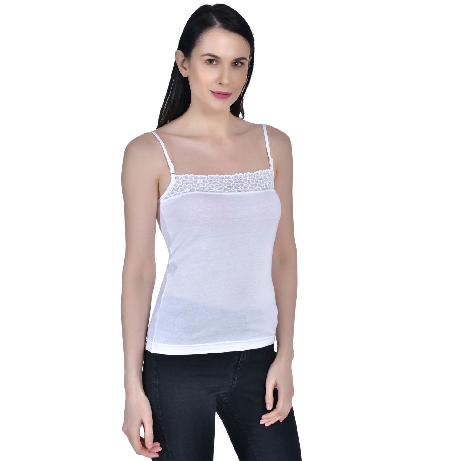 Women's Cotton Adjustable Strap Lace Spaghetti Slip Camisole 2 white 1 beige Pack of 3