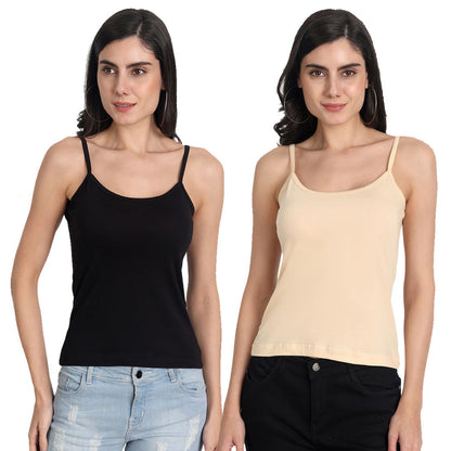Women's Regular Fit Adjustable Strap Cotton Bra Cum Camisole Slip Spaghetti 1black1beige Combo pack of 2