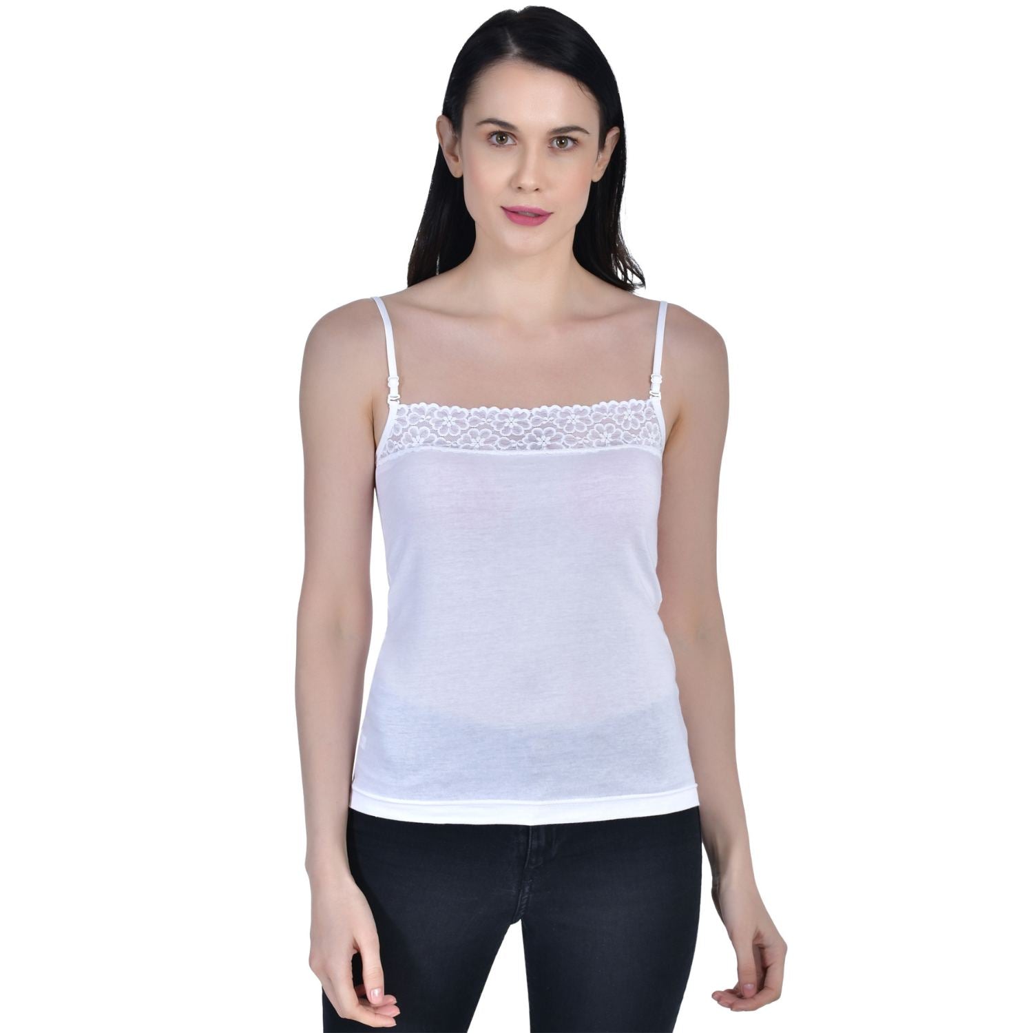 Women's Cotton Adjustable Strap Lace Spaghetti Slip Camisole 2 white  Pack of 2