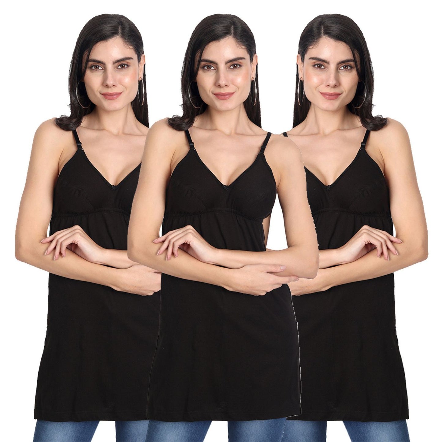 Women’s Cotton Spaghetti Strap Camisole Tops | Soft Stretchable Sleeveless Slips for Layering, Innerwear & Daily Wear 3 black pack of-3
