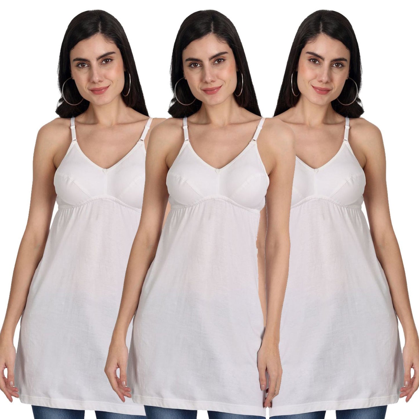 Women’s Cotton Spaghetti Strap Camisole Tops | Soft Stretchable Sleeveless Slips for Layering, Innerwear & Daily Wear 3 white pack of-3