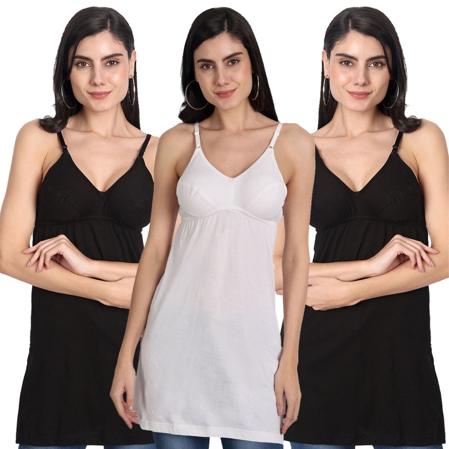 Women’s Cotton Spaghetti Strap Camisole Tops | Soft Stretchable Sleeveless Slips for Layering, Innerwear & Daily Wear 2 black 1 white pack of-3