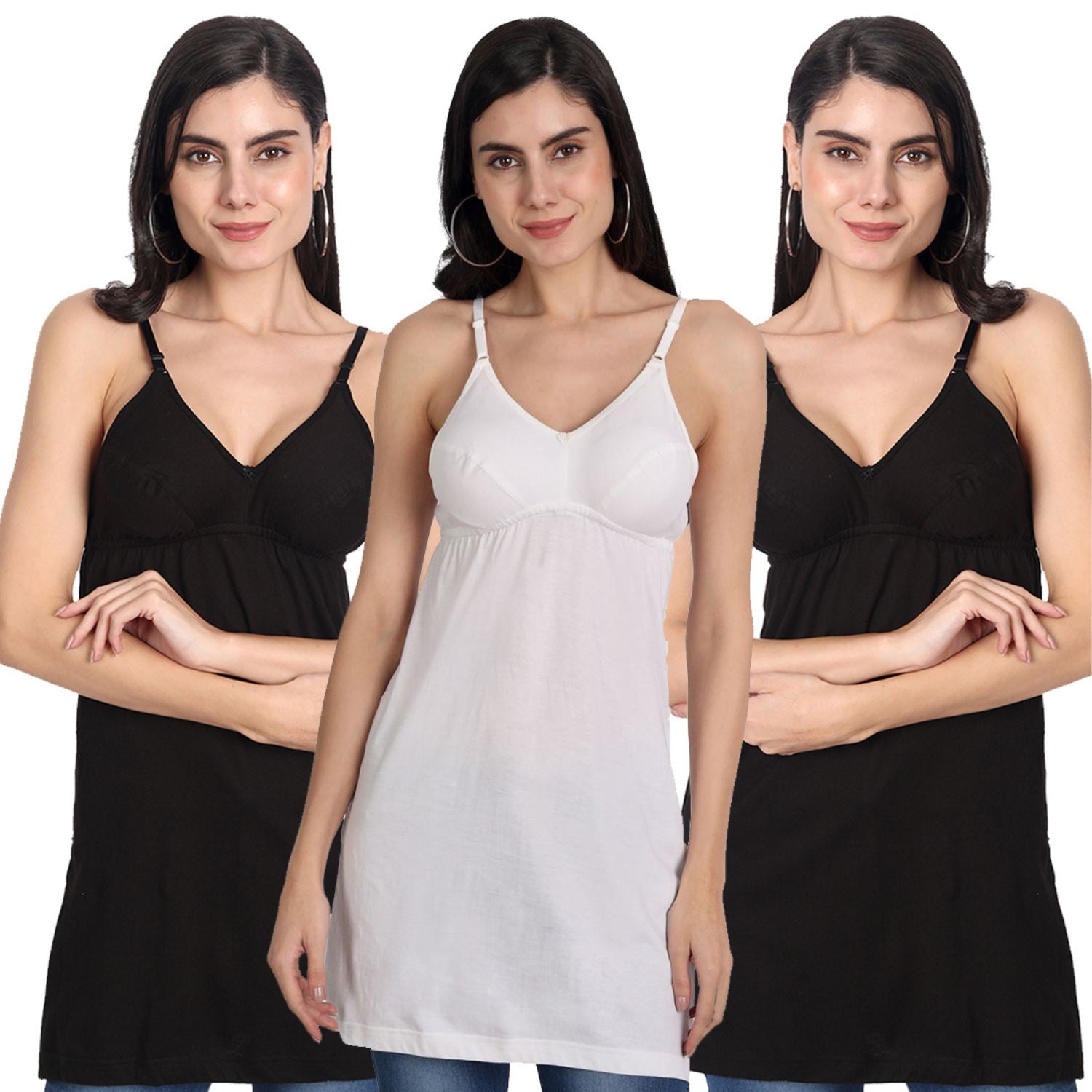 Women’s Cotton Spaghetti Strap Camisole Tops | Soft Stretchable Sleeveless Slips for Layering, Innerwear & Daily Wear 2 black 1 white pack of-3