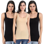Women's Regular Fit Wide Strap Sleeveless Cotton Camisole Slip Spaghetti, 2bLACK 1BEIGE Combo pack of 3 