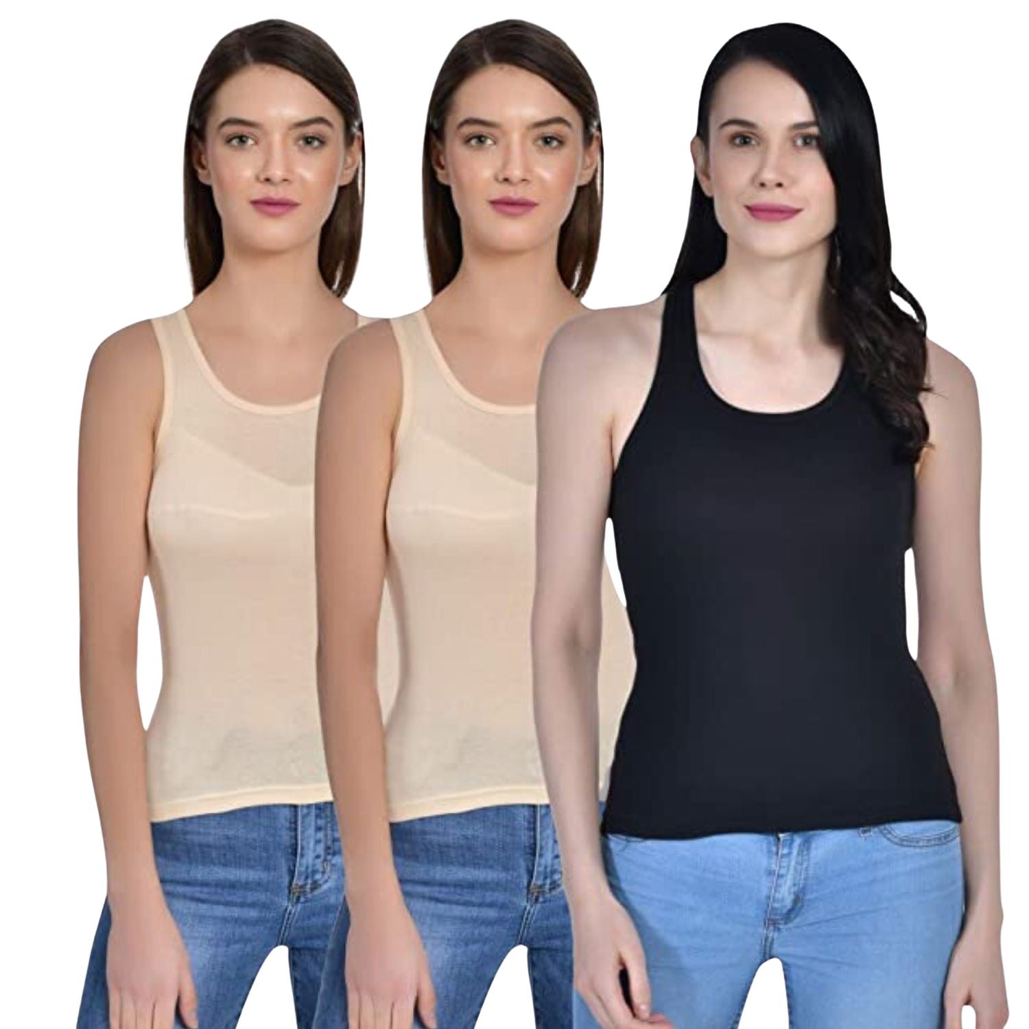 Women's Regular Fit Wide Strap Sleeveless Cotton Camisole Slip Spaghetti 2 Beige 1 Black Combo pack of 3