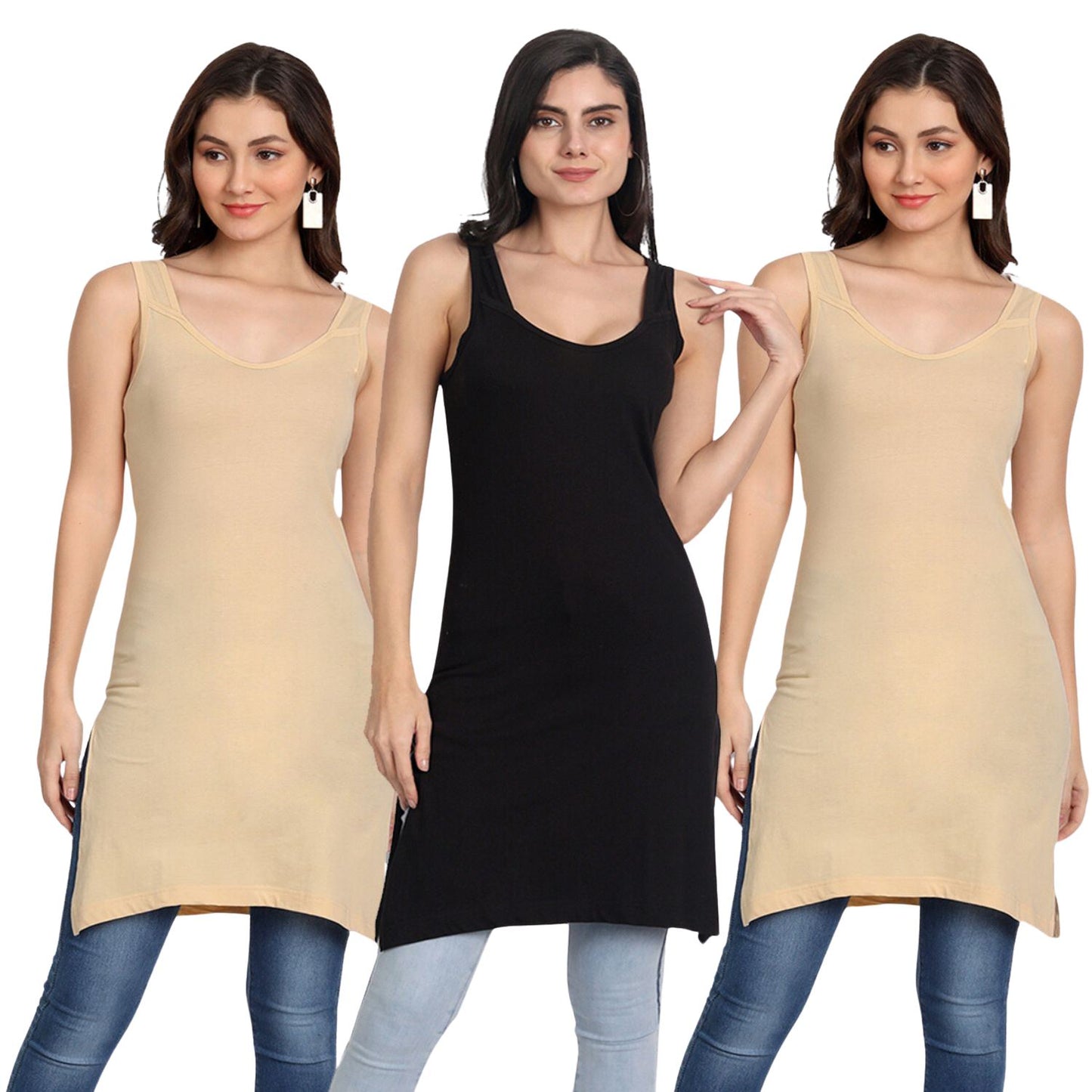 Women's Cotton Sleeveless Long Kurti Camisole Slip Spaghetti 2 Beige  1 Black combo P3 