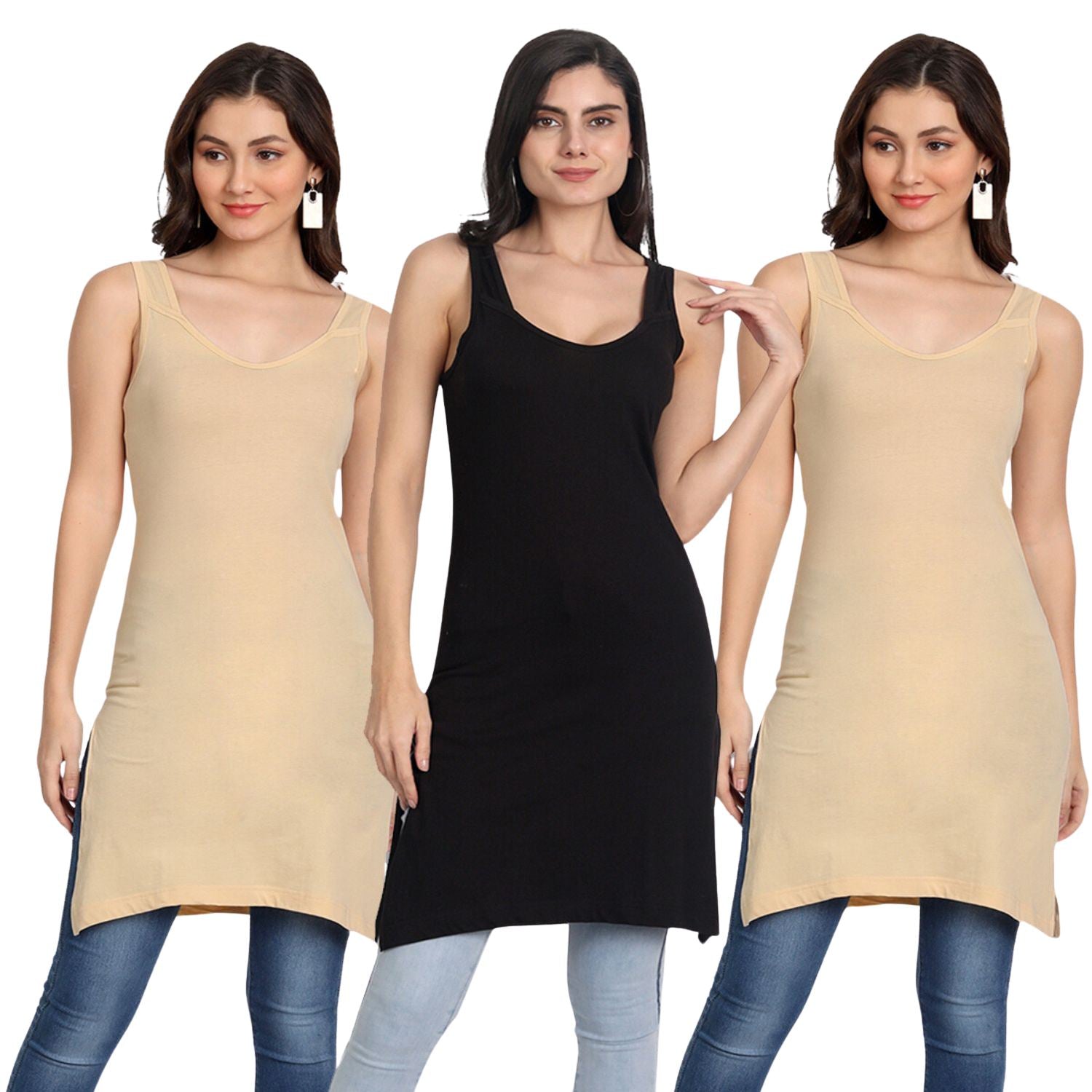 Women's Cotton Sleeveless Long Kurti Camisole Slip Spaghetti 2 Beige  1 Black combo P3 