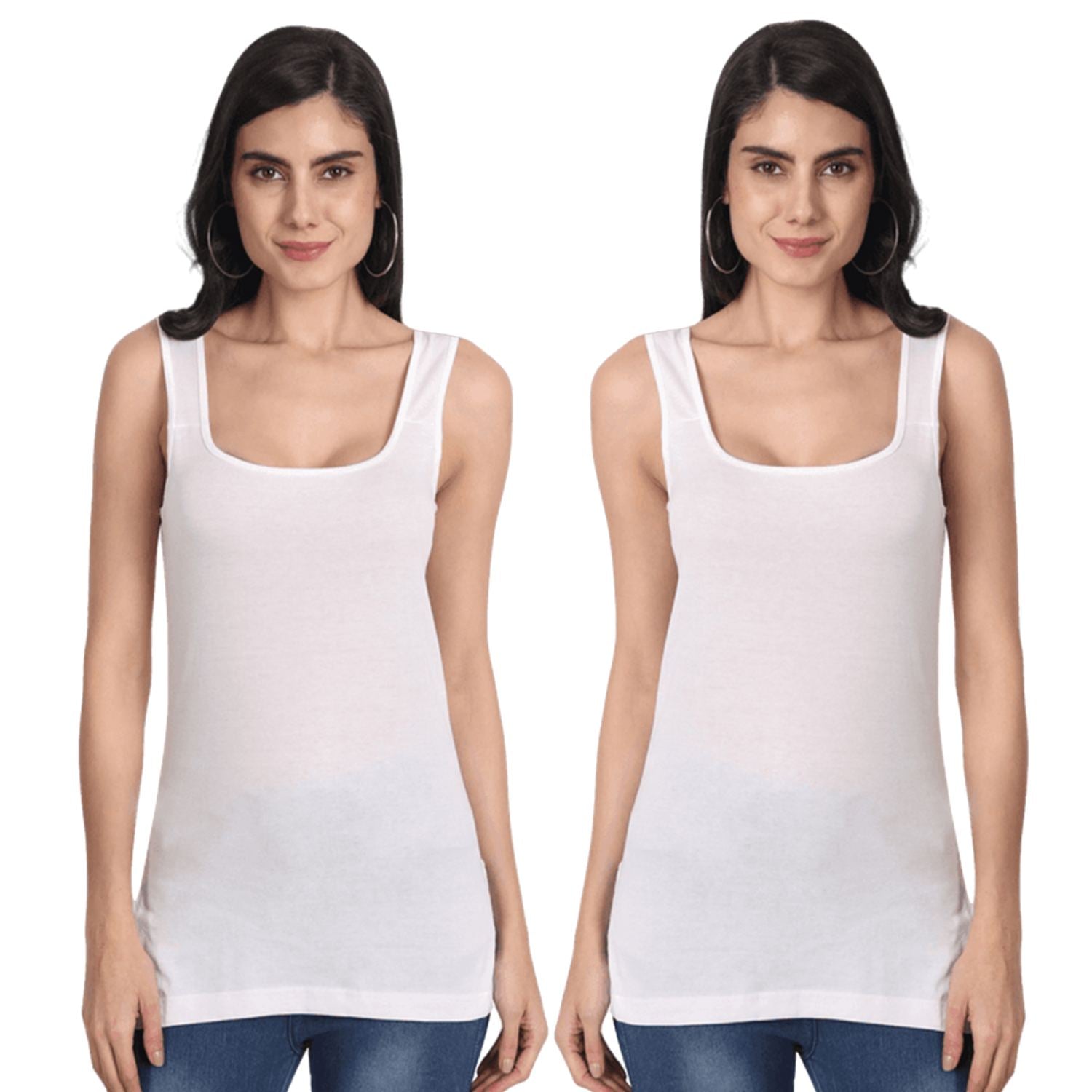 Women's Regular Fit Wide Strap Sleeveless Cotton Camisole Slip Spaghetti 2White Combo pack of 2